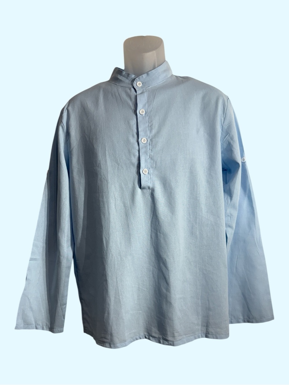 Band Collar Cotton Linen Blend Long Adjustable Sleeve Light Blue Size Small